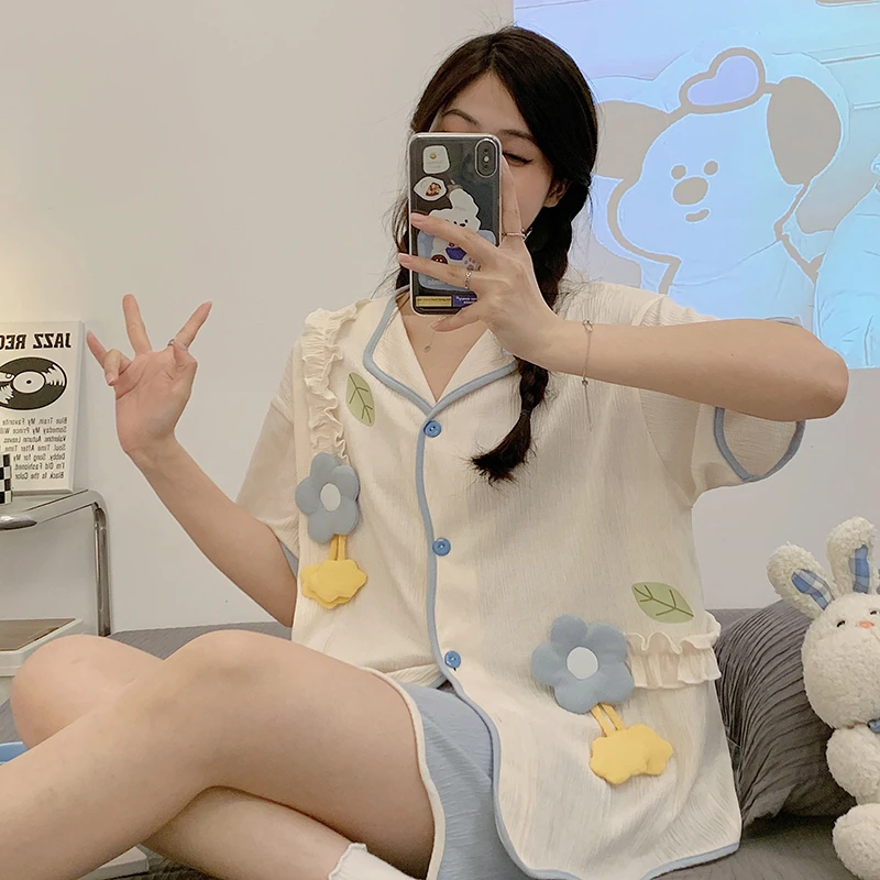 2PCS Summer Women Pijama Set Sleepwear Girl Korean Pijama Mujer Short Sleeve Sweet Flower Loungewear For Womens Homewear
2PCS Summer Women Pijama Set Sleepwear Girl Korean Pijama Mujer Short Sleeve Sweet Flower Loungewear For Womens Homewear