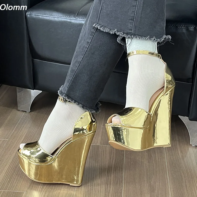 

Olomm Handmade Women Platform Sandals Ankle Strap Wedges Heels Peep Toe Pretty Gold Silver Party Shoes Ladies Plus US Size 5-20