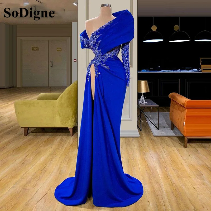 

SoDigne Sexy Mermaid Beded Evening Party Dresses One Shoulder Formal Prom Gowns High Slit Sequined Lace Women Pageant Dress