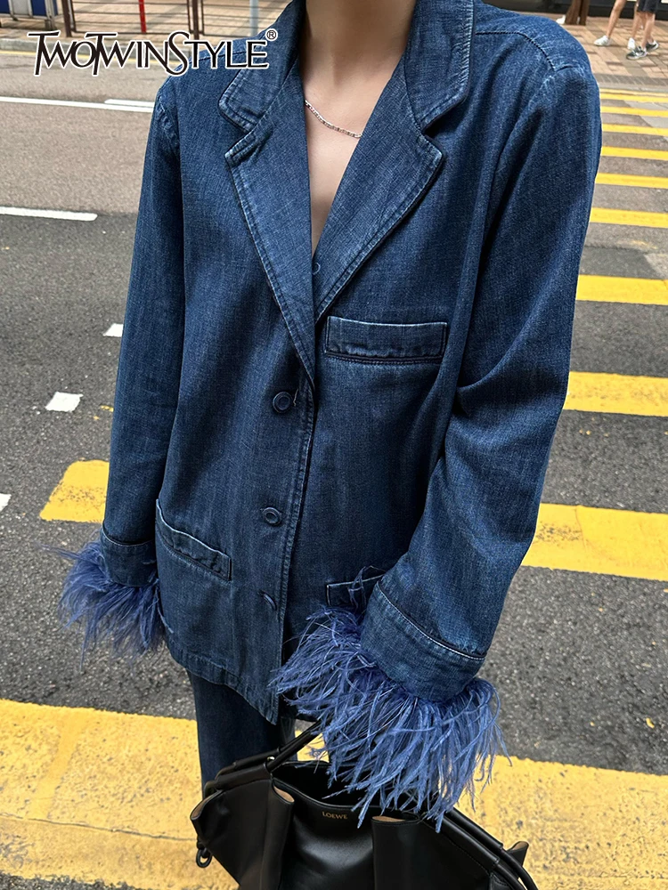

TWOTWINSTYLE Solid Patchwork Feathers Denim Coat For Women Lapel Long Sleeve Spliced Single Breasted Chic Coats Female Fashion