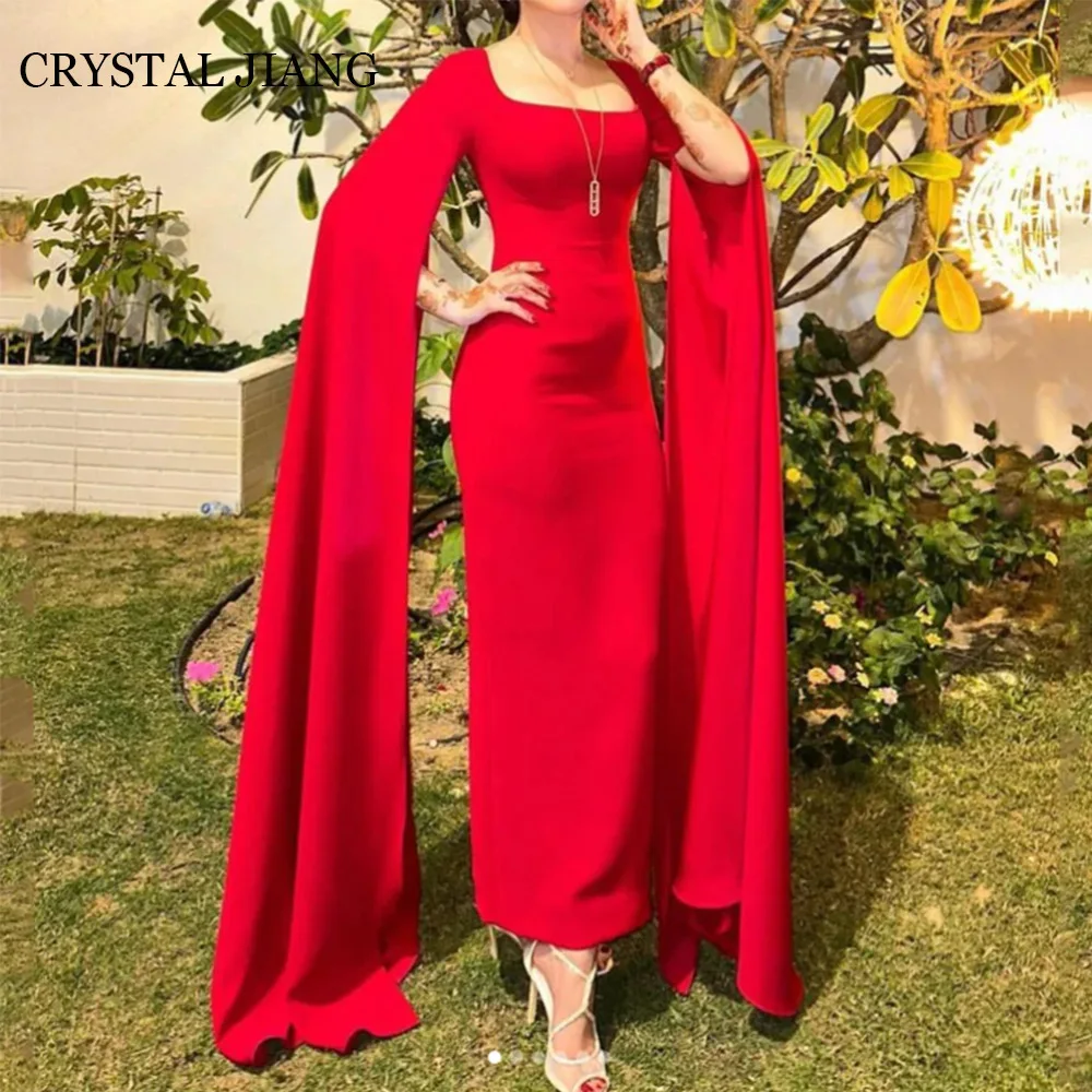

Elegant Long Red Square Collar Spandex Evening Dresses Full Sleeves with Slit Sheath Ankle Length Vestidos De Festa