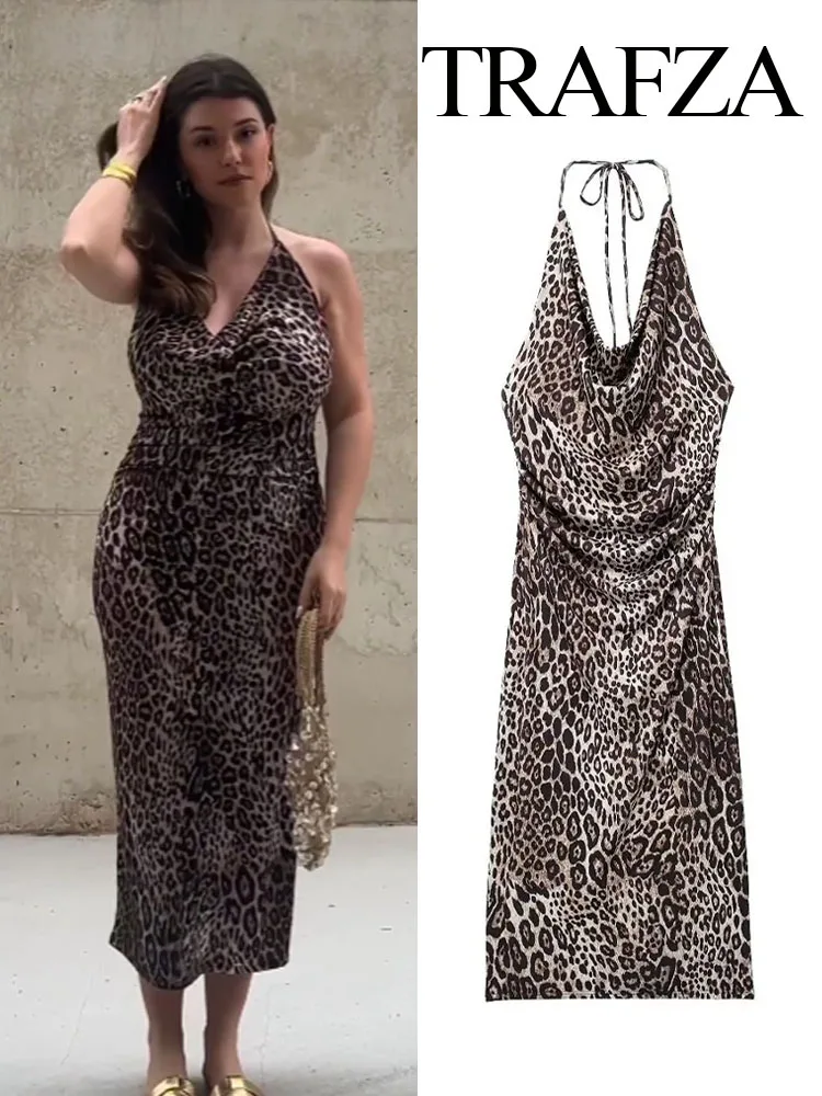 TRAFZA Women Leopard Print Sexy Sleeveless Backless Lace-Up Halter Dresses Female Summer Vintage Folds Slim Beach Dress Traf
TRAFZA Women Leopard Print Sexy Sleeveless Backless Lace-Up Halter Dresses Female Summer Vintage Folds Slim Beach Dress Traf