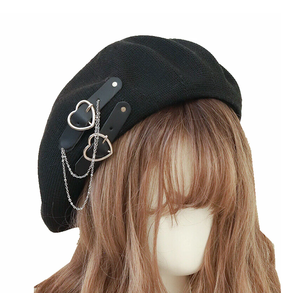 

Girl Punk Beret Hat Goth Preppy Style Women Hair Accessories Fashion Beanie JK Hat Summer Breathable Gothic Lolita Hats Cap