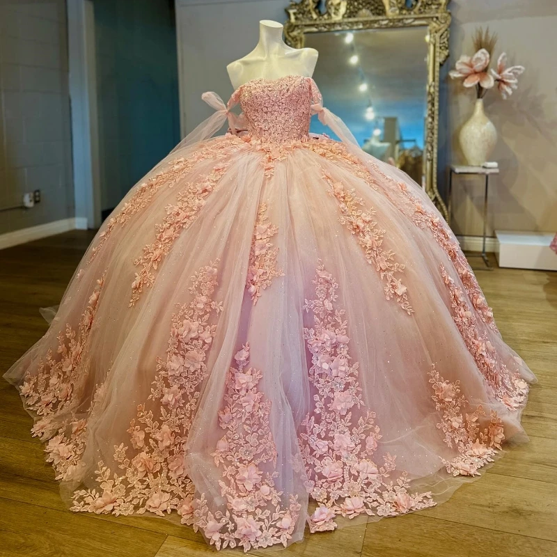

Pink Princess Sweetheart Ball Gown Quinceanera Dress Off The Shoulder Beaded Appliques Lace Tull Party Gowns Vestidos De 15 Anos