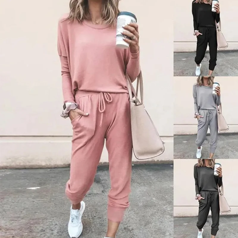 

Tracksuit 2 Pieces Set Women Sports O-Neck Solid Long Sleeve Pullover Sweatsuits Bandage Loose Sweatpants Suits Female