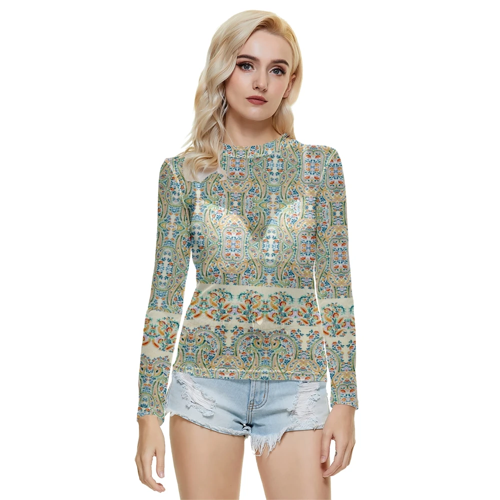 Women Fashion Sexy Net Gauze Perspective Long-sleeved Vintage Stitching Printed O-neck T-shirt Summer Casual Long sleeved
Women Fashion Sexy Net Gauze Perspective Long-sleeved Vintage Stitching Printed O-neck T-shirt Summer Casual Long sleeved