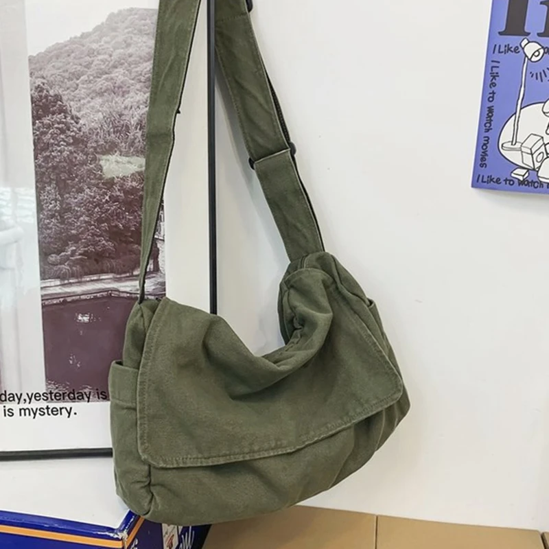 

Female Canvas Fabric Soft Slouchy Shoulder Bag Y2K Student Leisure Medium Size School Book Laptop Pouch Messenger Side Bag