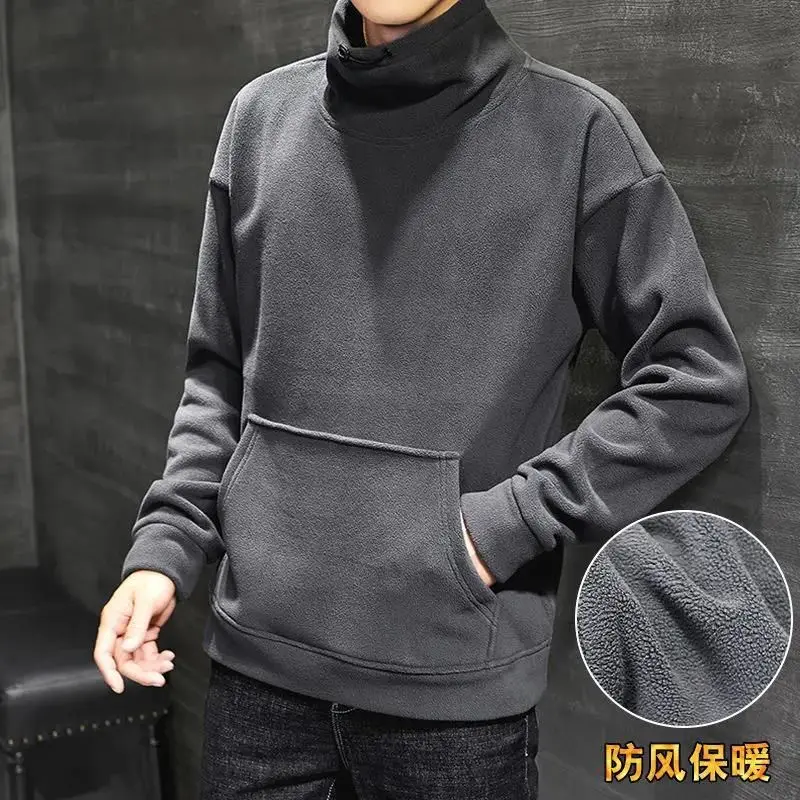 

Thick Fleece Stand Collar Autumn Winter High Street Sweatshirts Ruffian Handsome Style Two Way Pockets Hoodies Solid Colour Wild