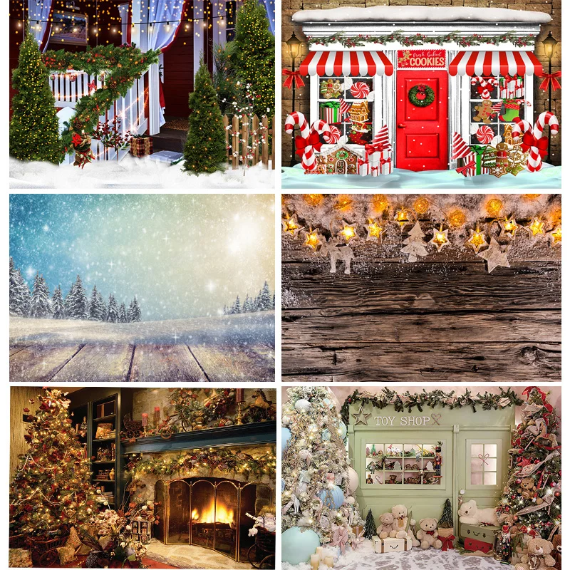 

Christmas Day Presents Flower Wreath Photography Backrops Window Gift Pine Tree Fireplace New Year Theme Photo Background DRG-11