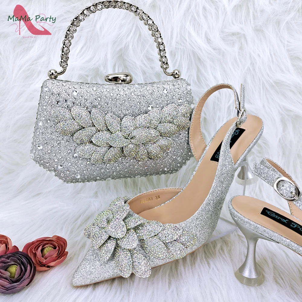 

2024 Atumn Winter New Arrivals Italian Women Shoes and Bag Set in Silver Color Decorate with Rhinestone Pumps for Party