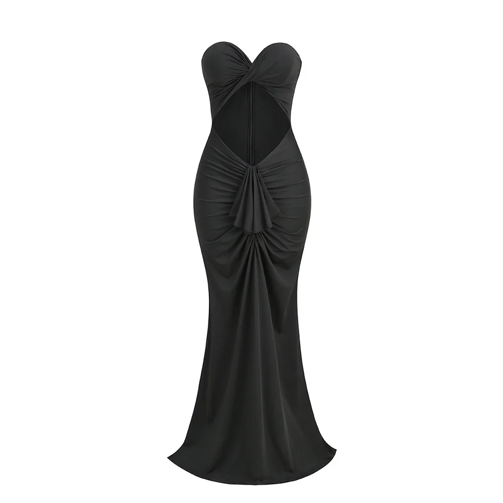 

Black Strapless Women's Dresses for Prom Elegant Gowns Sexy Hollow Out Long Dress 2024 Spring Ruffle Shirring Woman Clothes