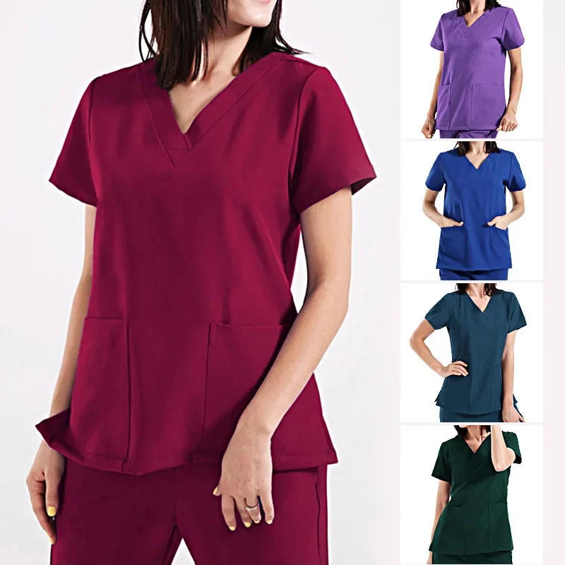 

New Arrival Pet Hospital Uniform Set Scrub Suits Solid Color Unisex Surgical Gown Pocket V-neck Scrubs Set For Women Joggers