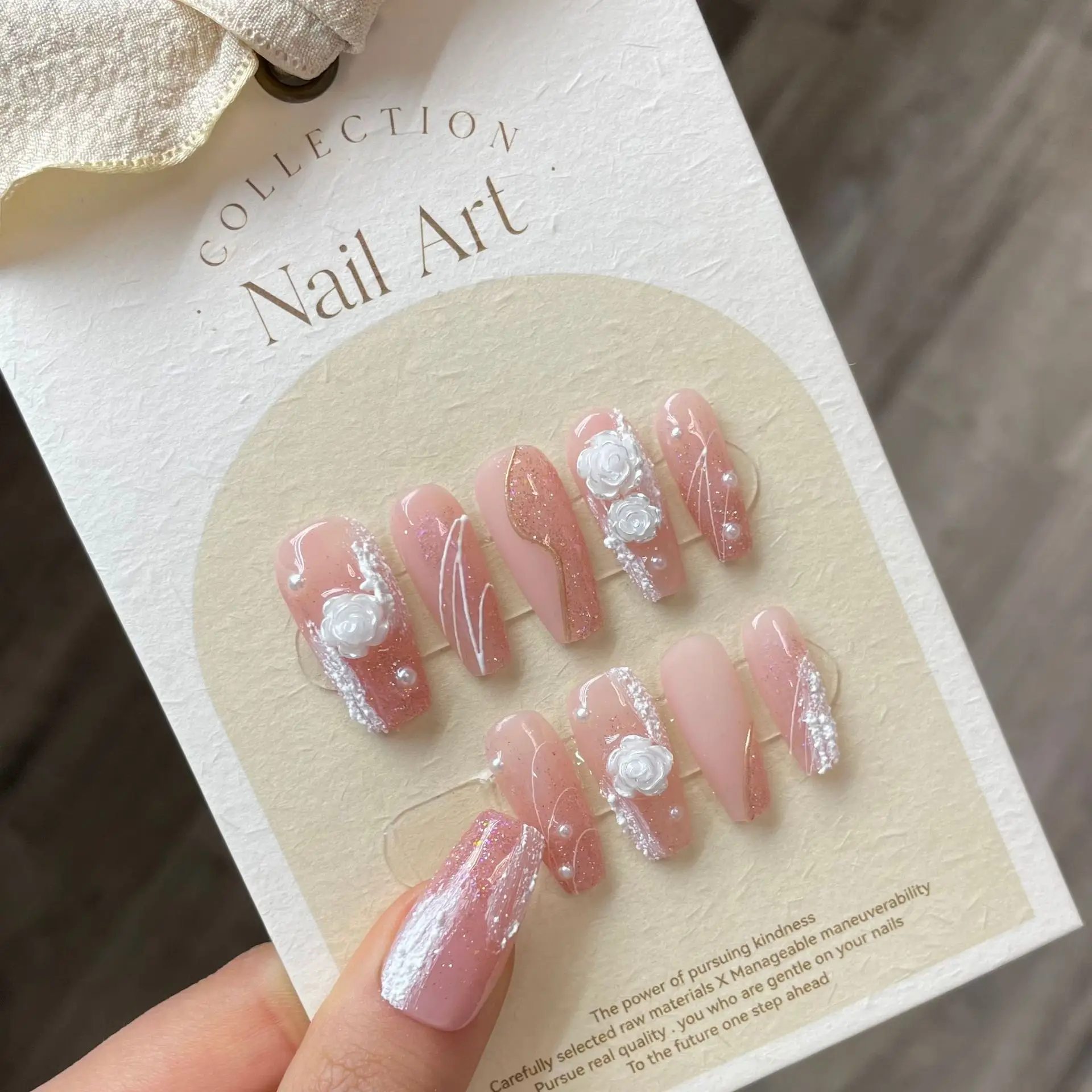 

291-300 Number Pink Camellia Handmade Fake Nails Professional Wearable French Advanced Ballet Press On Nails With Rhinestones