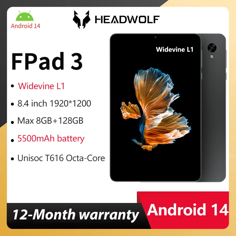 

HEADWOLF FPad 3 Android 14 tablet 8.4 inch Max 8GB Ram 128GB ROM Widevine L1 Octa-core 4G LTE Phone Calling Tablet PC 5500 mAh