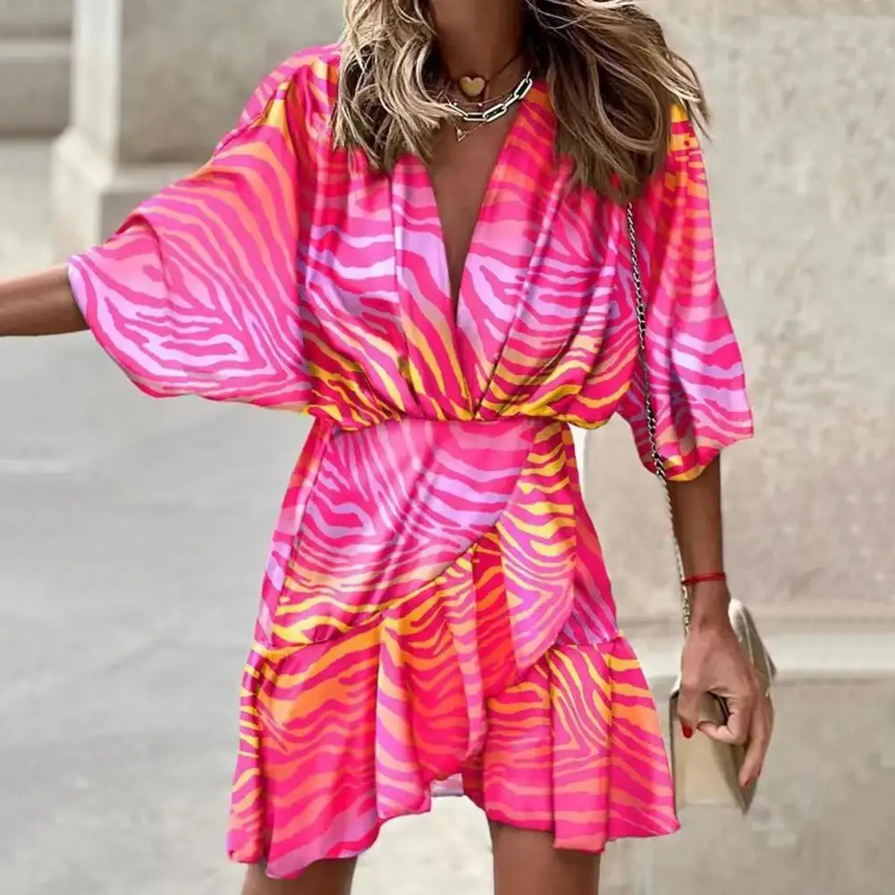 

Women Summer Dress Colorful Print V Neck High Waist Half Dolman Sleeves Irregular Hem Ruffle Loose Soft Party Commute Beach Mini