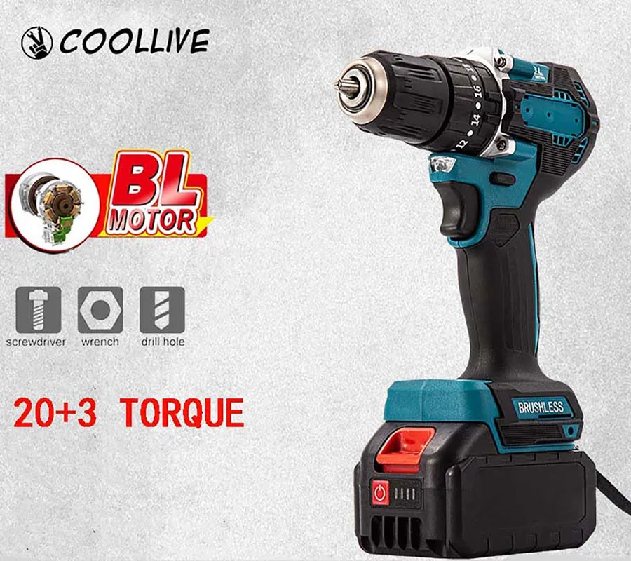 

3 in 1 Brushless Cordless Electric Impact Drill Hammer 10mm 20+3 Torque Electric Screwdriver Power Tools for Makita Battery