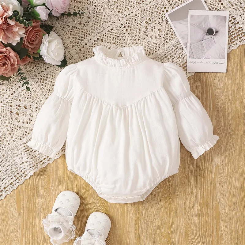 

Baby Girl Bubble Romper Long Sleeve Romper Ruffled Solid Color Mock Neck Bodysuit Newborn Fall Clothes