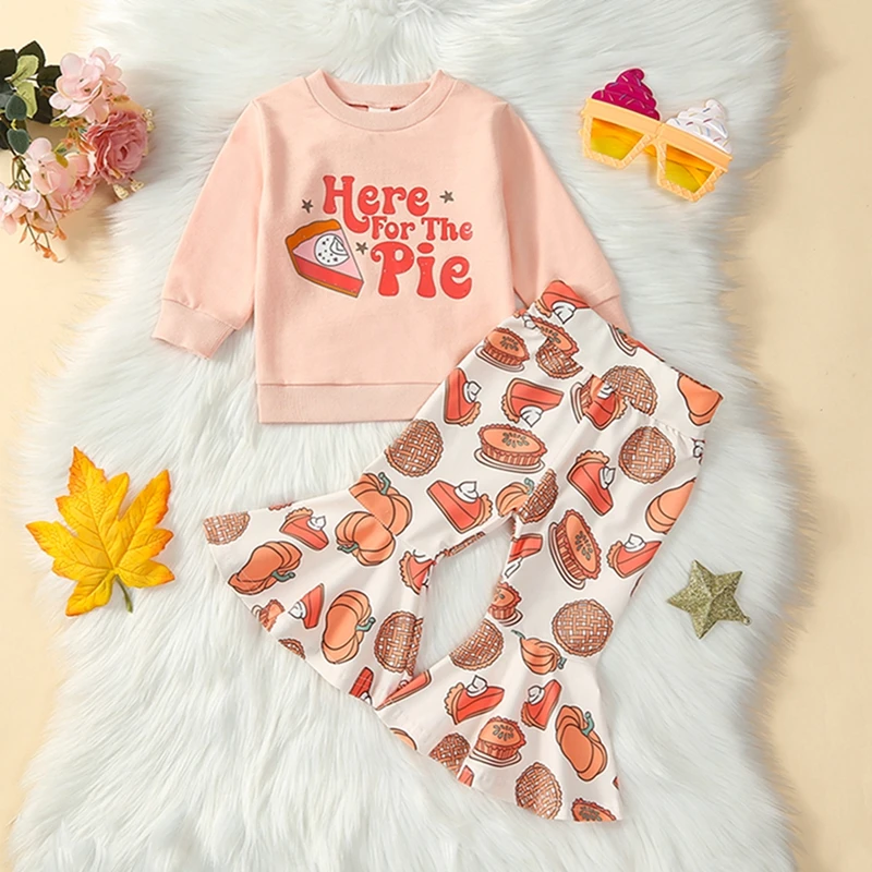 

2023-08-09 Lioraitiin 6M-5T Baby Girl Thanksgiving Outfits Long Sleeve Sweatshirt + Pie Print Flare Pants Set Toddler Clothes