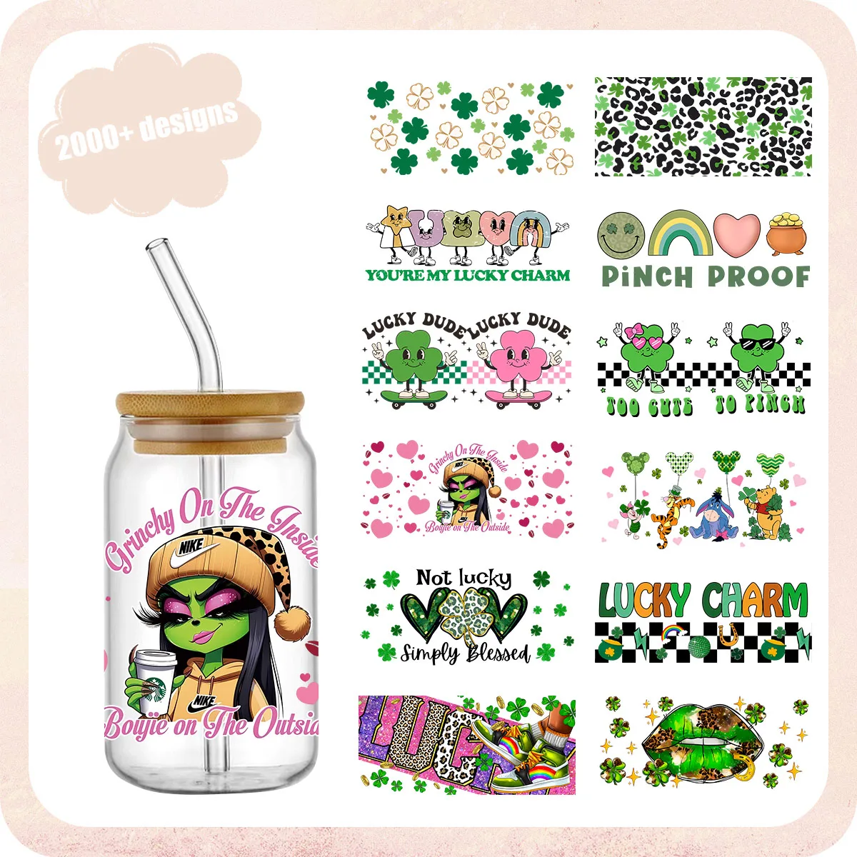 

3D Transfer Stickers Waterproof UV DTF Cup Mug Wraps Sticker DIY St. Patrick's Day Wrap Decal For 16oz Glass
