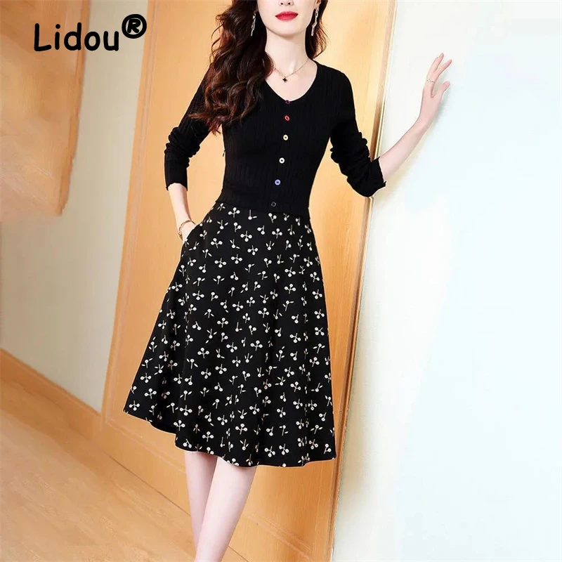 Women Korean Fashion Print Patchwork Knitted Dresses Autumn Winter V Neck Long Sleeve Slim Button Basic Midi Dress Chic Vestidos 
Women Korean Fashion Print Patchwork Knitted Dresses Autumn Winter V Neck Long Sleeve Slim Button Basic Midi Dress Chic Vestidos