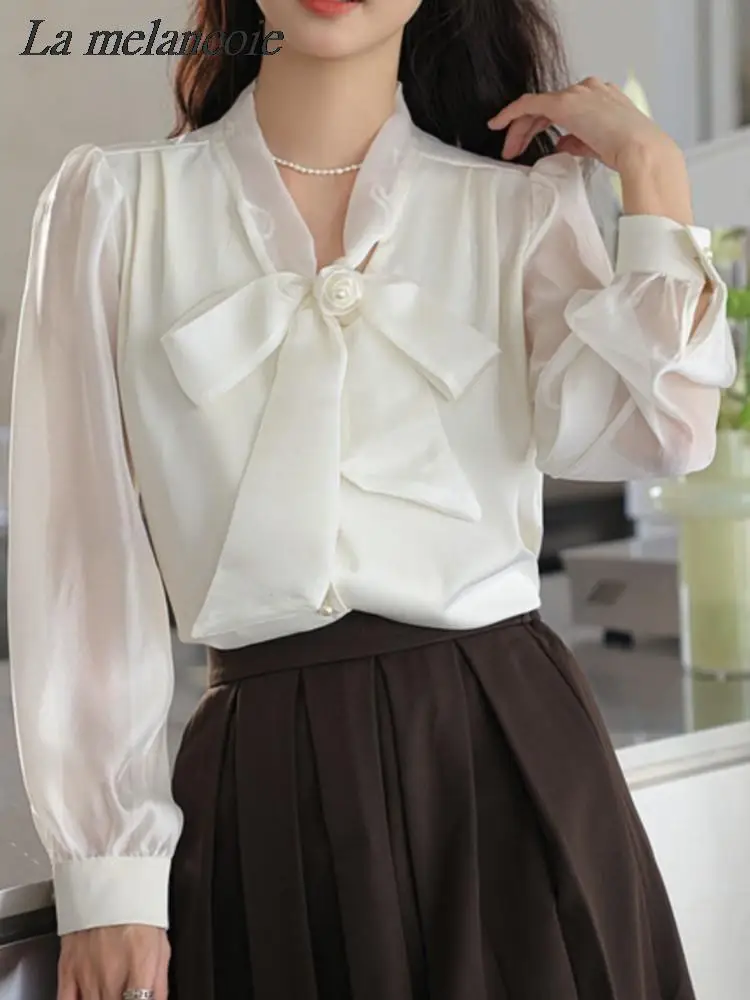 

Chiffon Shirt For Women Spring 2024 New Fashion Korean V-neck Bow Elegant Chic Splicing Loose Blouse Long Sleeve Buttons Up Tops