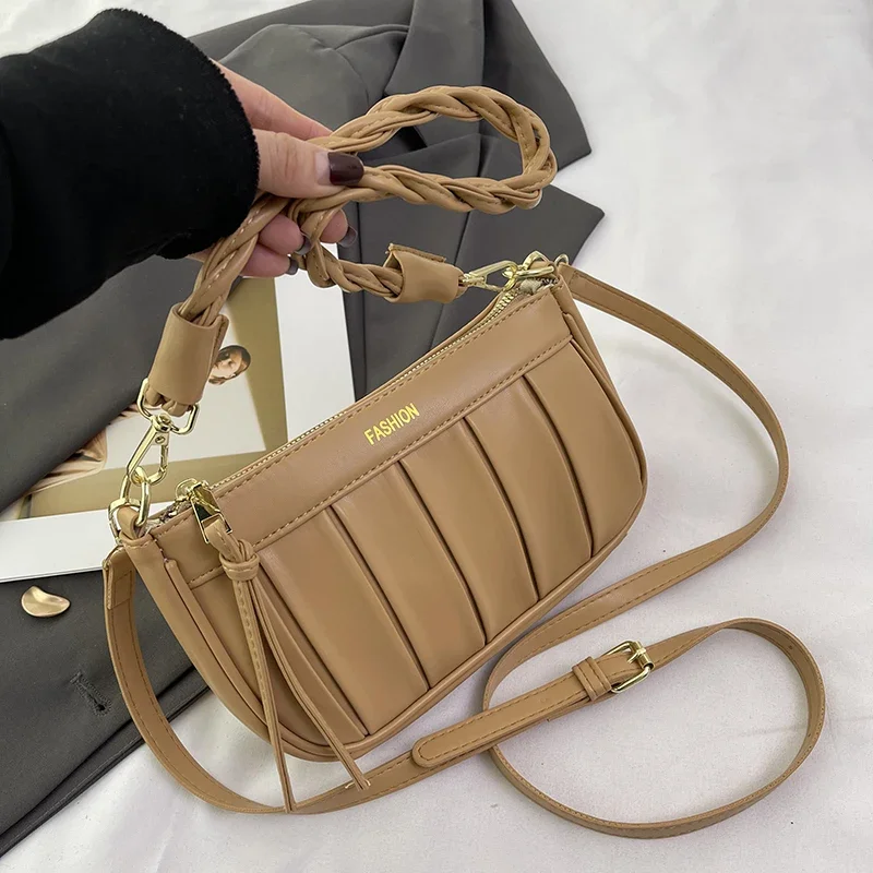 

Weave Shoulder Strap Underarm Purse 2024 Fashion Pleated Design Women's Bag Handbag French Style Crossbody Shopper Purse