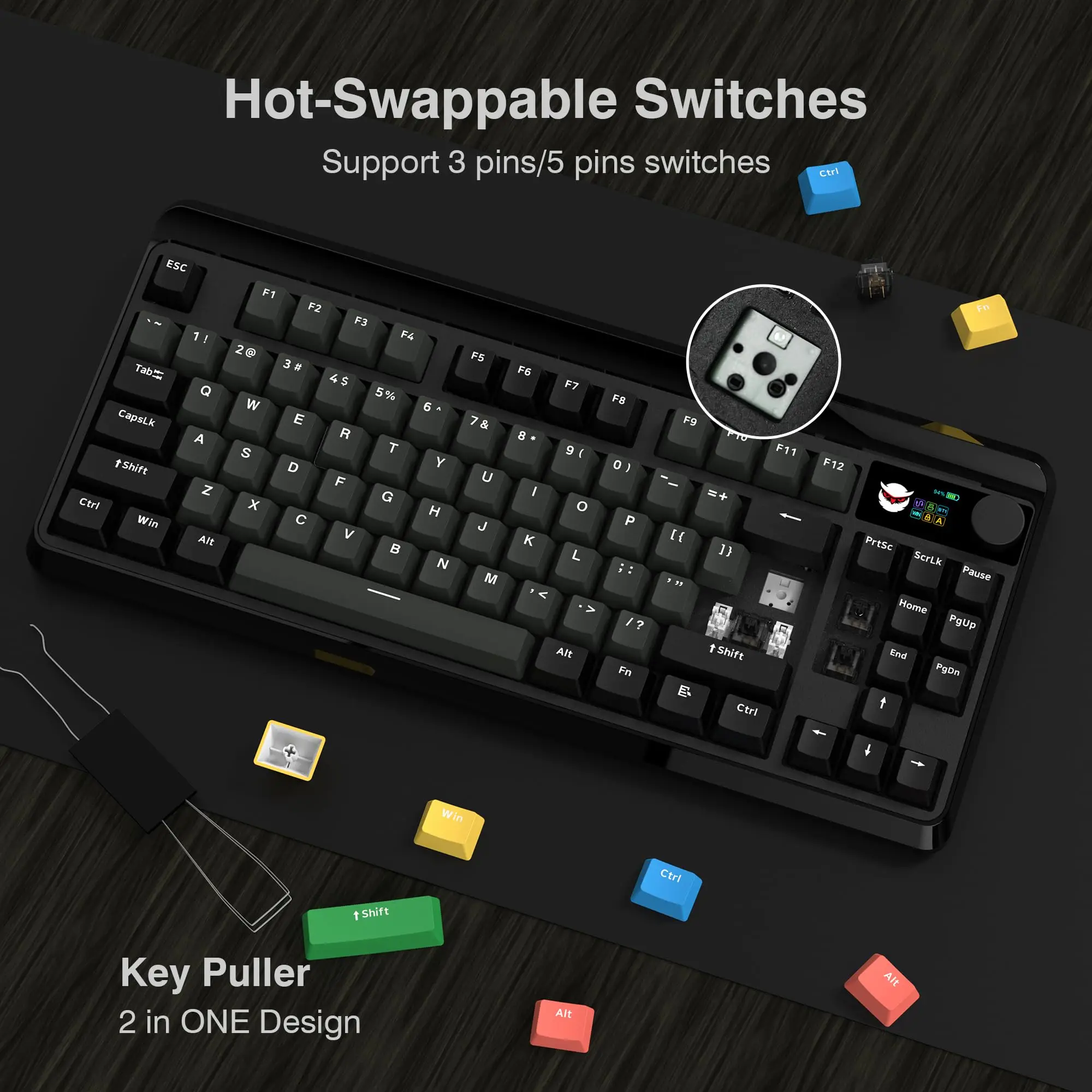 M87 PRO 75% TKL Black Grey OLED Display Knob Tri-Mode Wireless Mechanical Keyboard Hot Swap Gamer Keyboard RGB Backlit for Win
M87 PRO 75% TKL Black Grey OLED Display Knob Tri-Mode Wireless Mechanical Keyboard Hot Swap Gamer Keyboard RGB Backlit for Win