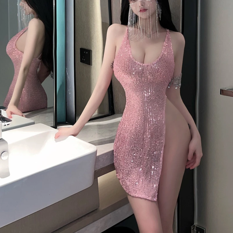 

Sequins Wrapped Hip Dress Pink Backless High Slit Babydoll Body Hot Nightclub Fetish Clothes Sexy Lingerie Elegant Deep V Dress