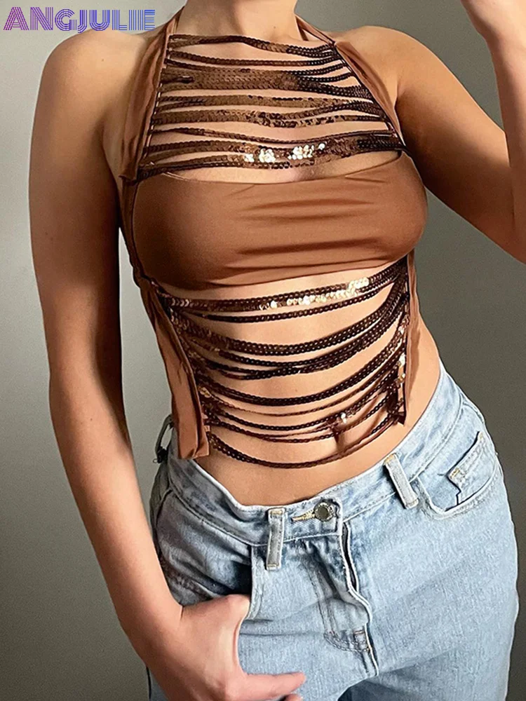 Angjulie Summer Tops Y2K Clothes For Women Shiny Sequin Spliced Sleeveless Halter Lace Up Casual Streetwear Sexy Party Clubwear
Angjulie Summer Tops Y2K Clothes For Women Shiny Sequin Spliced Sleeveless Halter Lace Up Casual Streetwear Sexy Party Clubwear