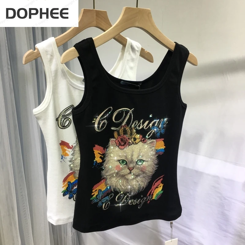 

Cute Cat Hot Drilling Female Vests 2022 New Luxurious Inner Wrap Chest Straps Shining Top Outside Wearing Camisole Tanks Tops