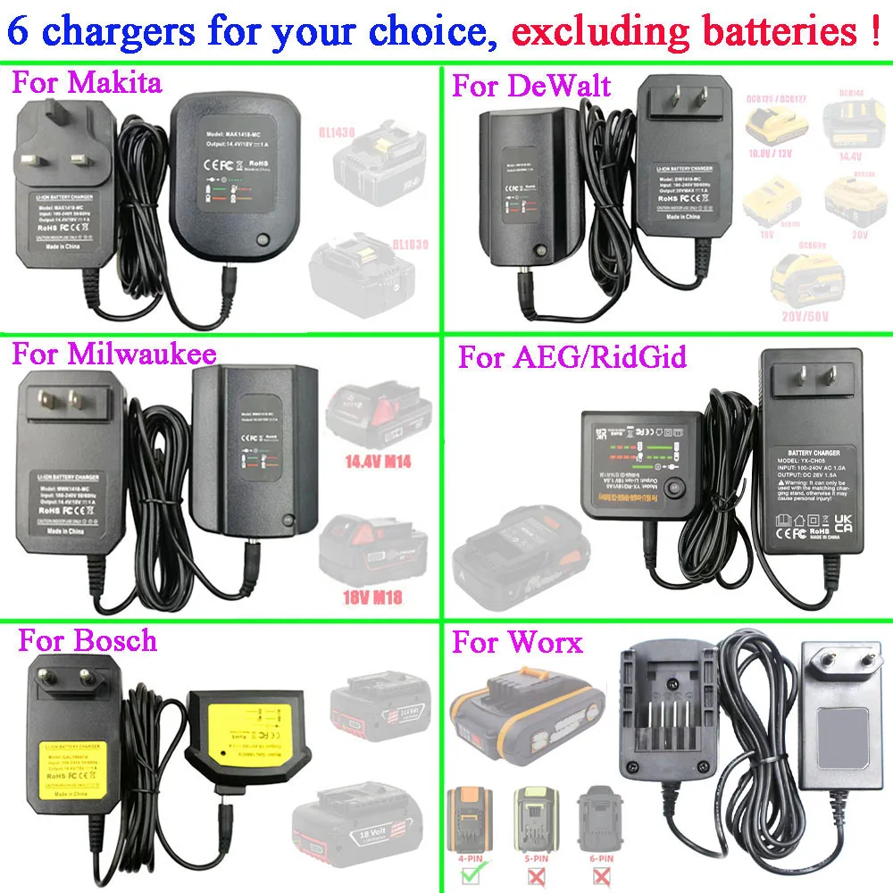 Литий-ионное зарядное устройство для Makita, Bosch, Dewalt, Milwaukee, ARG RidGid, Worx, 18 в, 20 в, DCB118, BL1830, AL1830CV
Литий-ионное зарядное устройство для Makita, Bosch, Dewalt, Milwaukee, ARG RidGid, Worx, 18 в, 20 в, DCB118, BL1830, AL1830CV