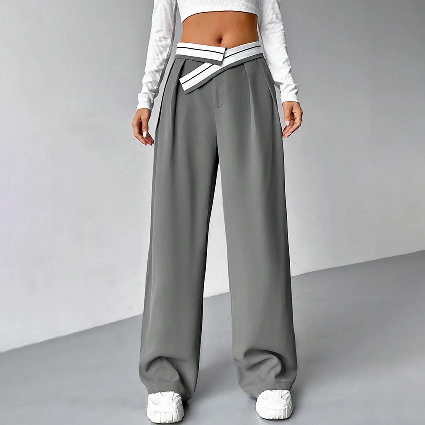 

Women Clothing 2024 Spring New Splicing Color Pants Fashionable Design Sense Casual Straight Leg Casual Full Length Gray Pants