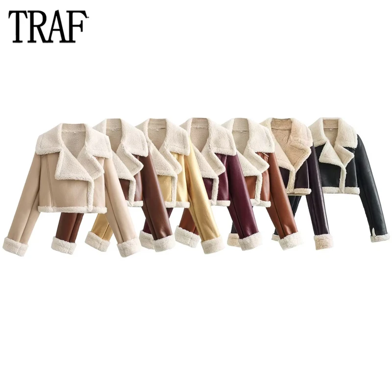 

TRAF Faux Leather Jacket Women Cropped Plush Jacket Woman 2023 Long Sleeve Oversized Jackets for Women Streetwear Zip Outerwear