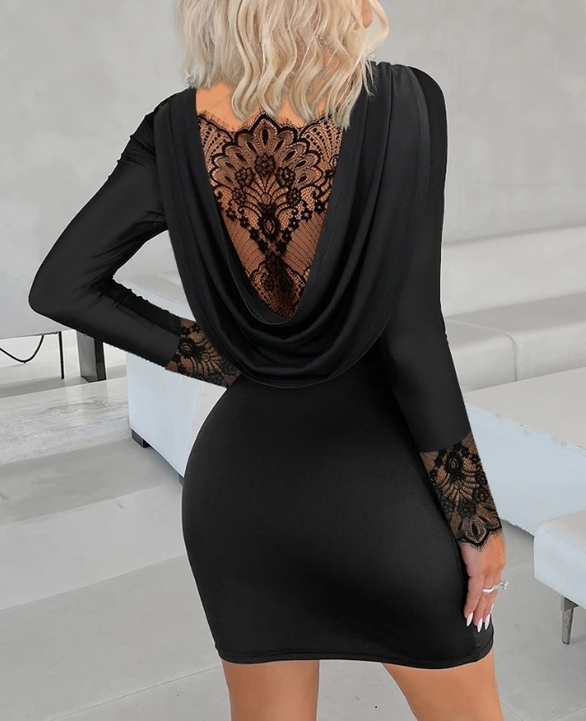 

Woman Sexy Eyelash Lace Patch Bodycon Dress Temperament Commuting Female Clothing New Women's Fashion Skinny Party Mini Dresses