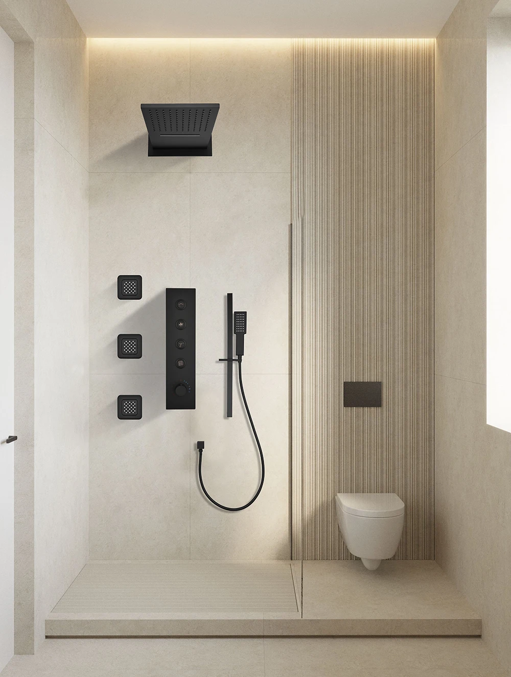 

Embedded Concealed Shower Faucet with Four Functions, Waterfall Outlet, Three Side Showers, and Adjustable Rod black Shower Head