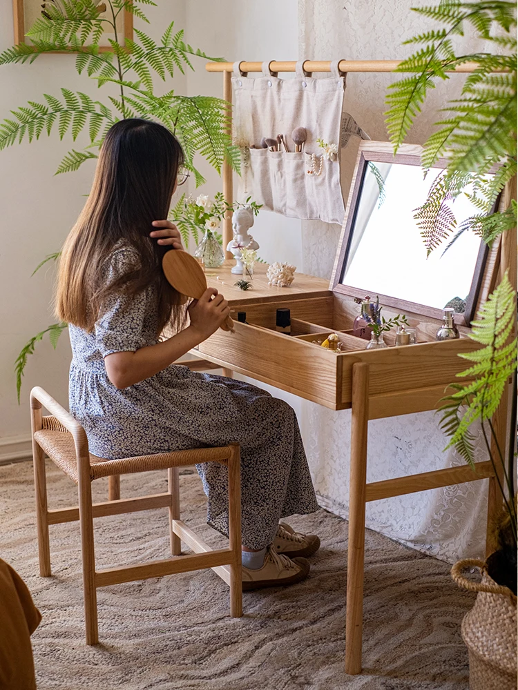 

Solid Wood Makeup Table Bedroom Simple Multifunctional Desk Storage Flip Ash Dresser Dressing Stool