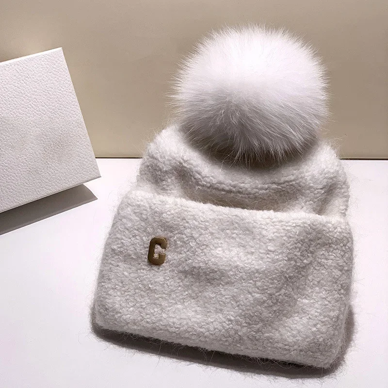 

2023 Winter Real Fox Fur Pom Pom Knitted Beanie For Women Fashion Girls Pompom Hat Beanies Female Angol Soft Warm Ski Hats