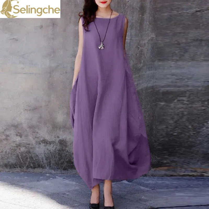 

Spring/Summer 2024 European and American Cotton and Hemp Loose Large Hem Casual Solid Color Round Neck Pocket Dress for Women