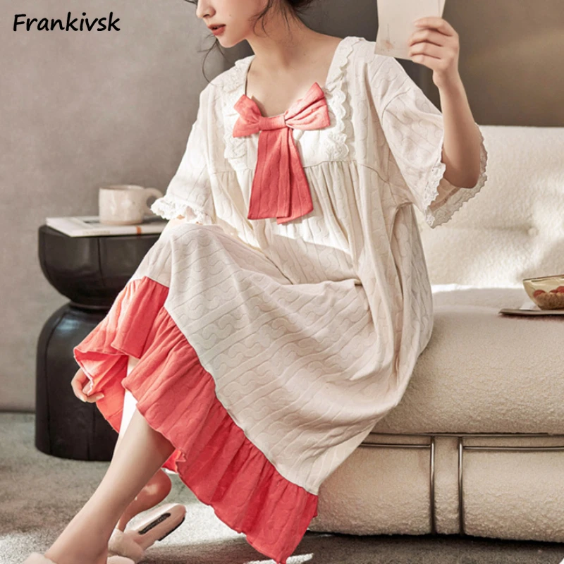 

Bow Nightgowns Women Square Collar Panelled Spliced Japanese Kawaii Sweet Ruffles Summer Comfortable Daily Home Schoolgirls Chic