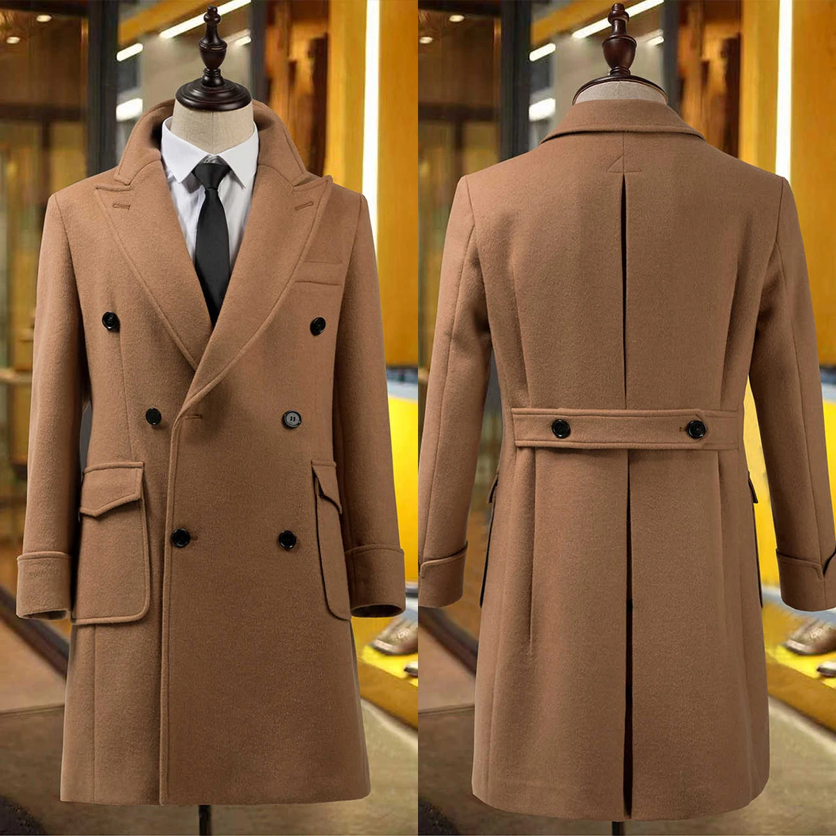 

Vintage Double Breasted Woolen Overcoat Men Thick Custom Made Peaked Lapel Pocket Coat Casual Winter Warm Coat