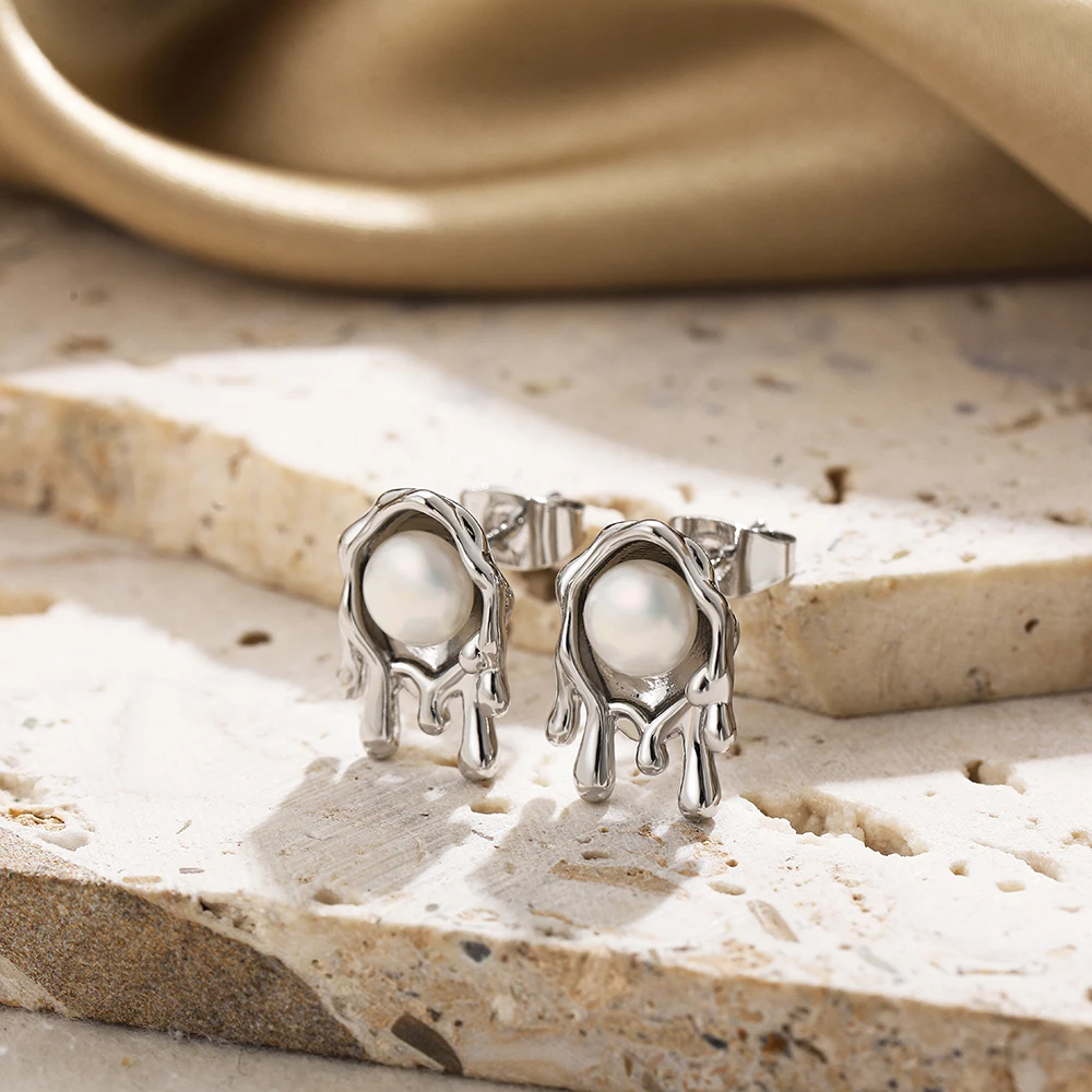 Creative Stainless Steel Gold Plated Stud Earring Personality Dripping Honey Freshwater Pearl Earrings for Women Fashion Jewelry 16 S045566196c9c4917a517e471bd7e76fbd