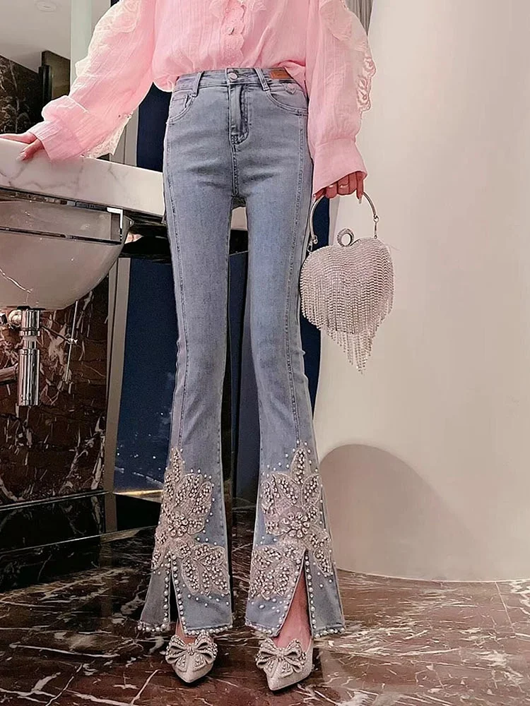 

Heavy Industry Beads Split Jeans Women 2024 Spring Autumn New High Waist Jeans Female Fashion Embroidery Flared Pants