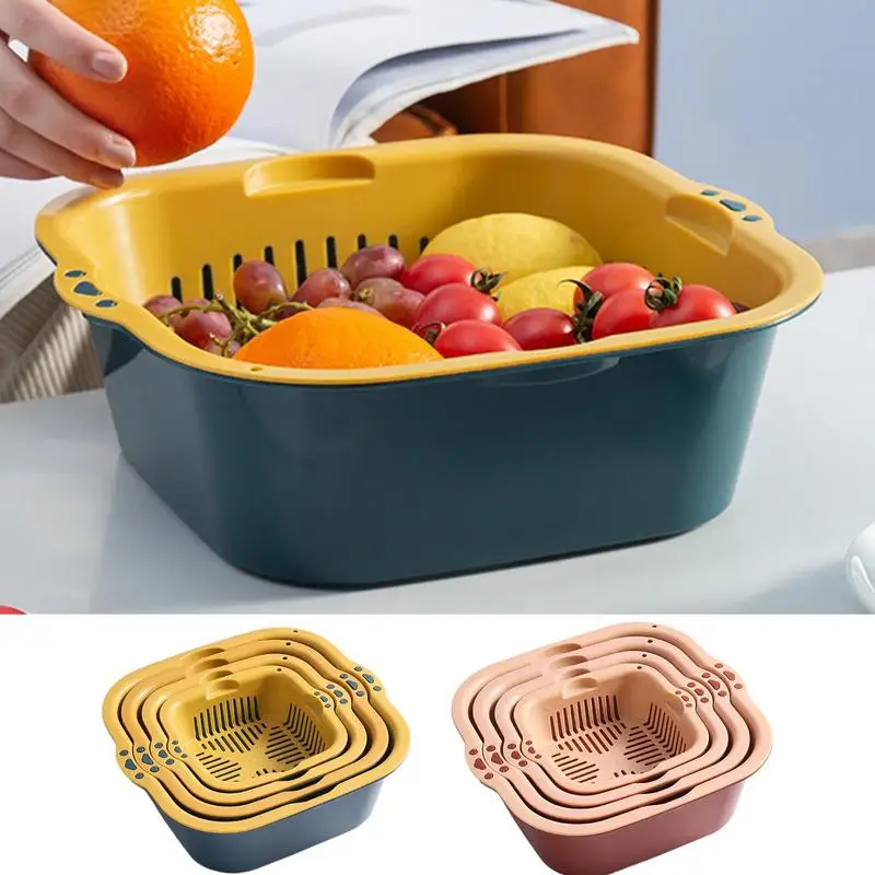 

2 In 1 Food Fruit Strainers Fruit Vegetable Washing Basket 8pcs Stackable Kitchen Draining Water Bowl Set Strainer Colander
