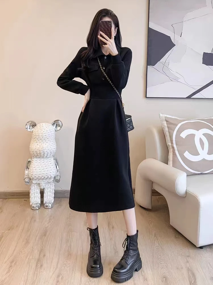 

Korean Fashion Slim 2023 New Black Casual Polo Dress Hepburn Style Waist Thin Temperament Senior Sense of Short Skirt