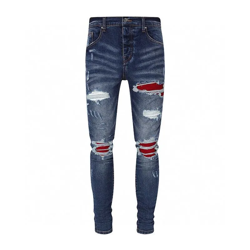 

High Street Fashion Men Jeans Retro Dark Blue Stretch Skinny Fit Ripped Jeans Men Red Patched Designer Hip Hop Brand Pants Homme