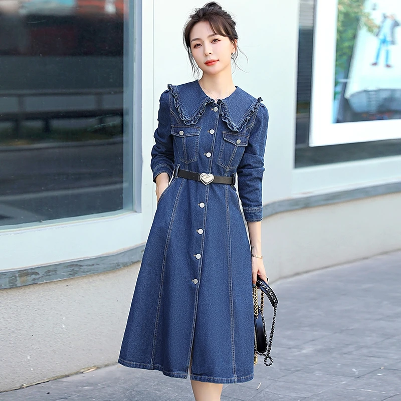 Denim Dress Women 2023 Spring Autumn New Slim French Doll Collar Dress Girl Korean High Waist Single-Breasted Denim Long Dress 
Denim Dress Women 2023 Spring Autumn New Slim French Doll Collar Dress Girl Korean High Waist Single-Breasted Denim Long Dress