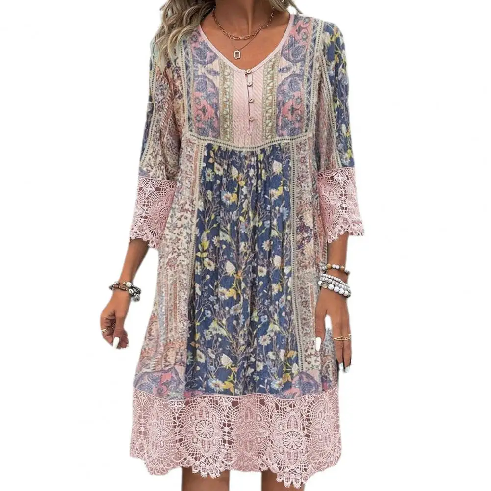 

Women Dress Hollow Out Lace Patchwork Print Three Quarter Sleeves V Neck Buttons Loose Bohemian Style Midi Dress