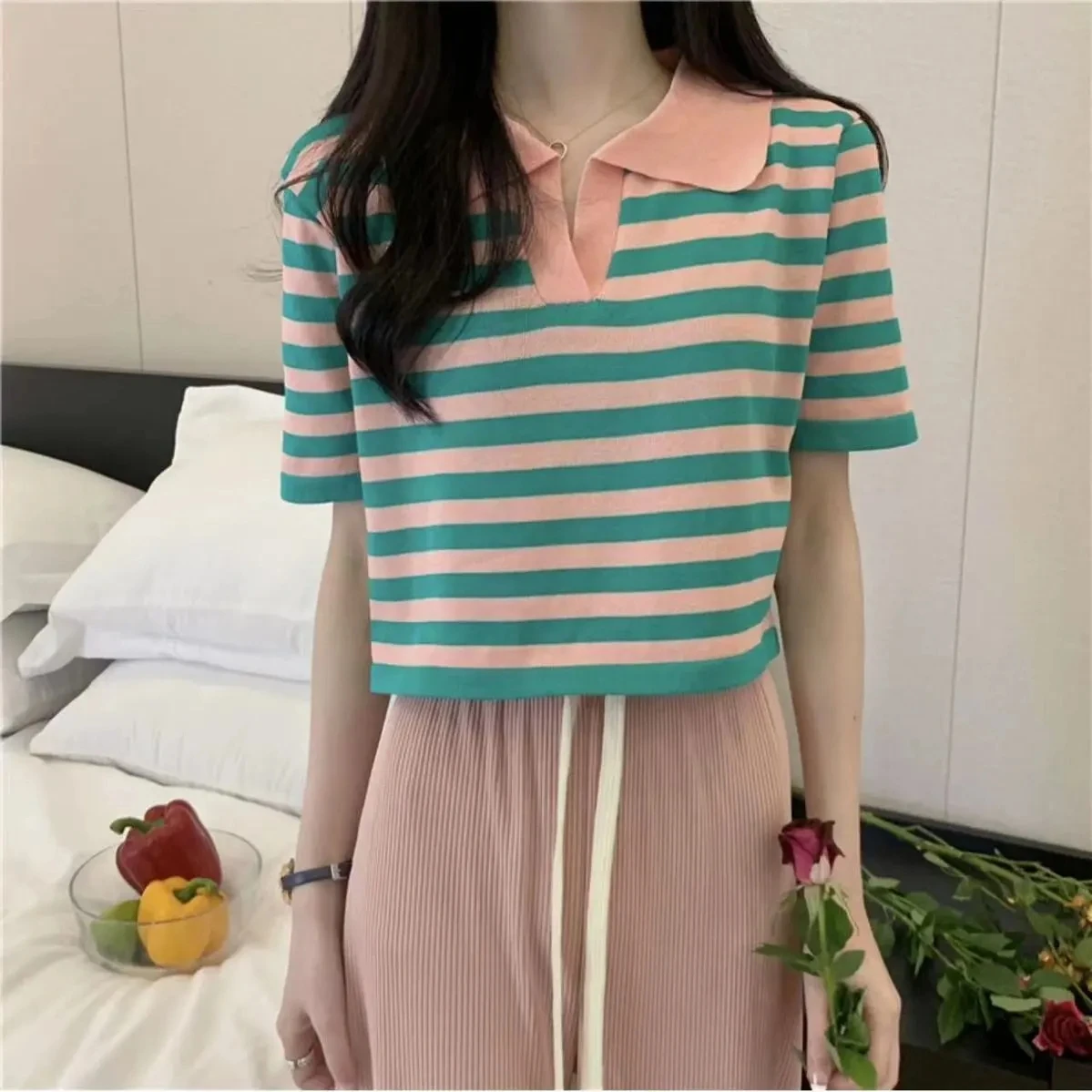 Yasuk 2023 Spring Summer Women's Casual T-Shirt Female Pullover Loose Cute Preppy Style Soft Striped Knit Short Sleeve
Yasuk 2023 Spring Summer Women's Casual T-Shirt Female Pullover Loose Cute Preppy Style Soft Striped Knit Short Sleeve