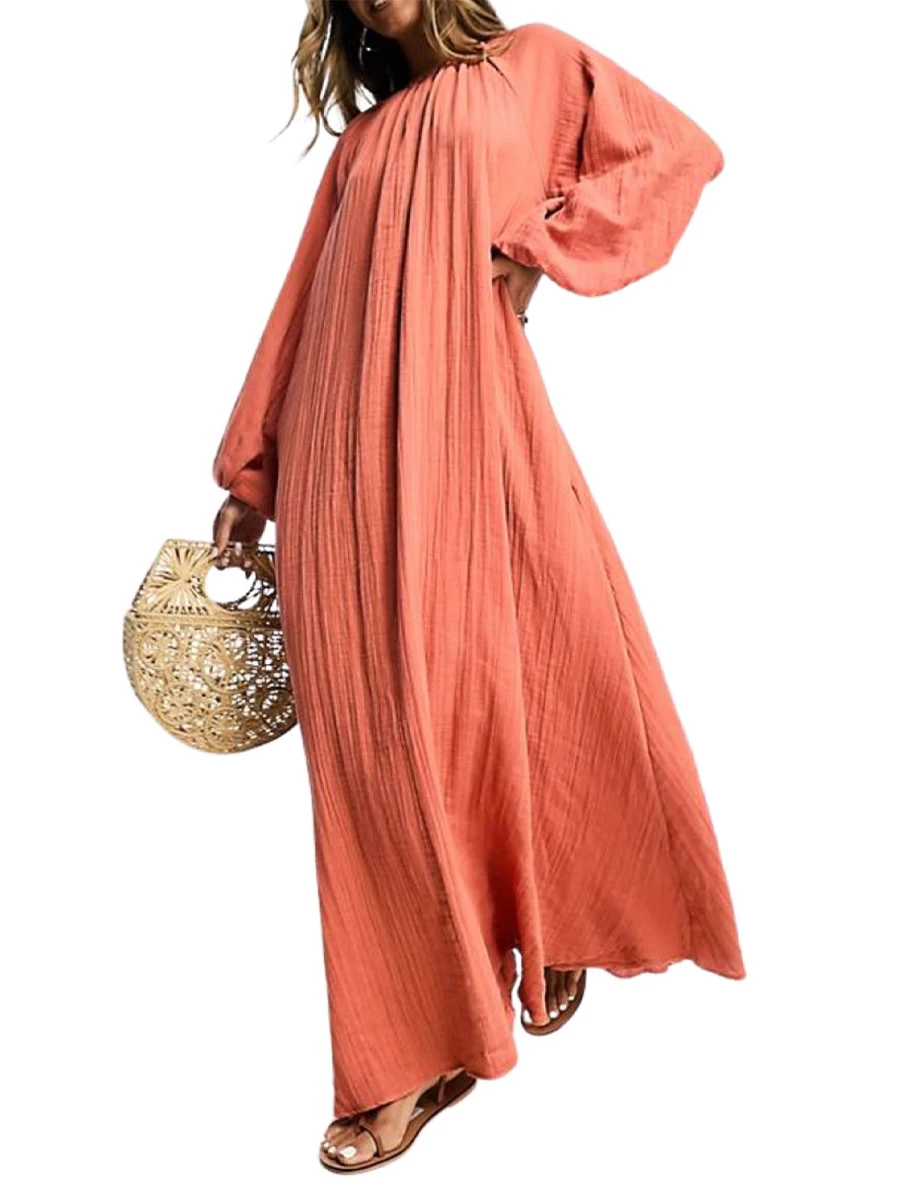 

Женское длинное однотонное платье бохо, повседневное свободное праздничное платье с длинным рукавом и широкой юбкой, весна-осень