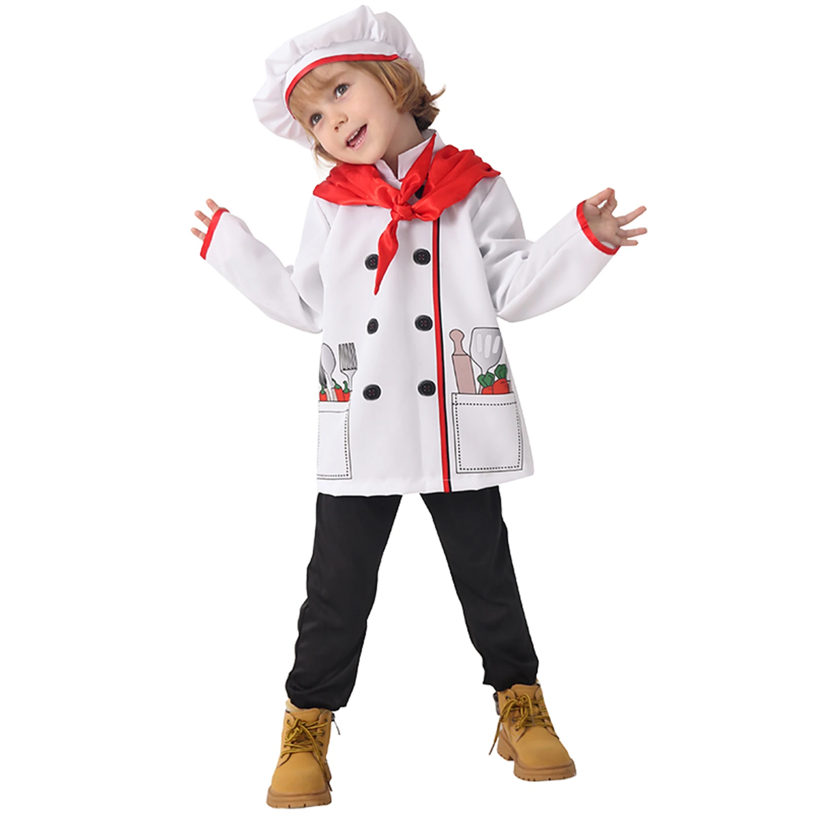 

Kids Girls Kitchen Uniform Photography Props Outfit Boys Cook Chef Cosplay Costume Chef Hat Chef Top Dress Apron Scarf Set